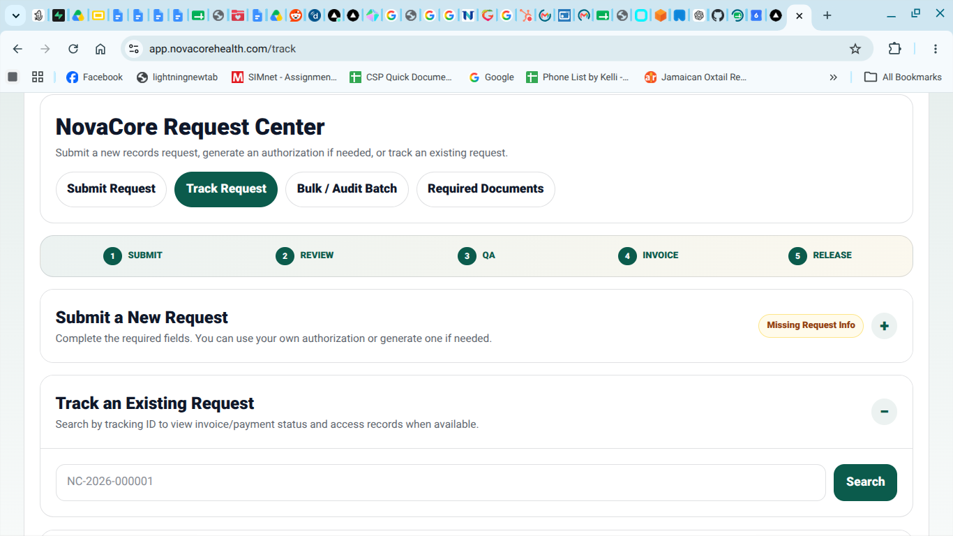 NovaCore request tracker for Release of Information workflows